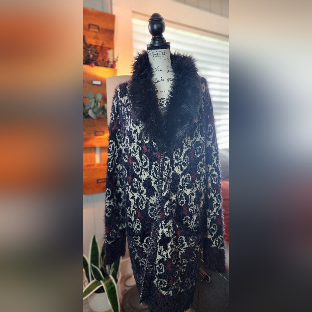 Black Rivet Faux Fur Sweater Duster